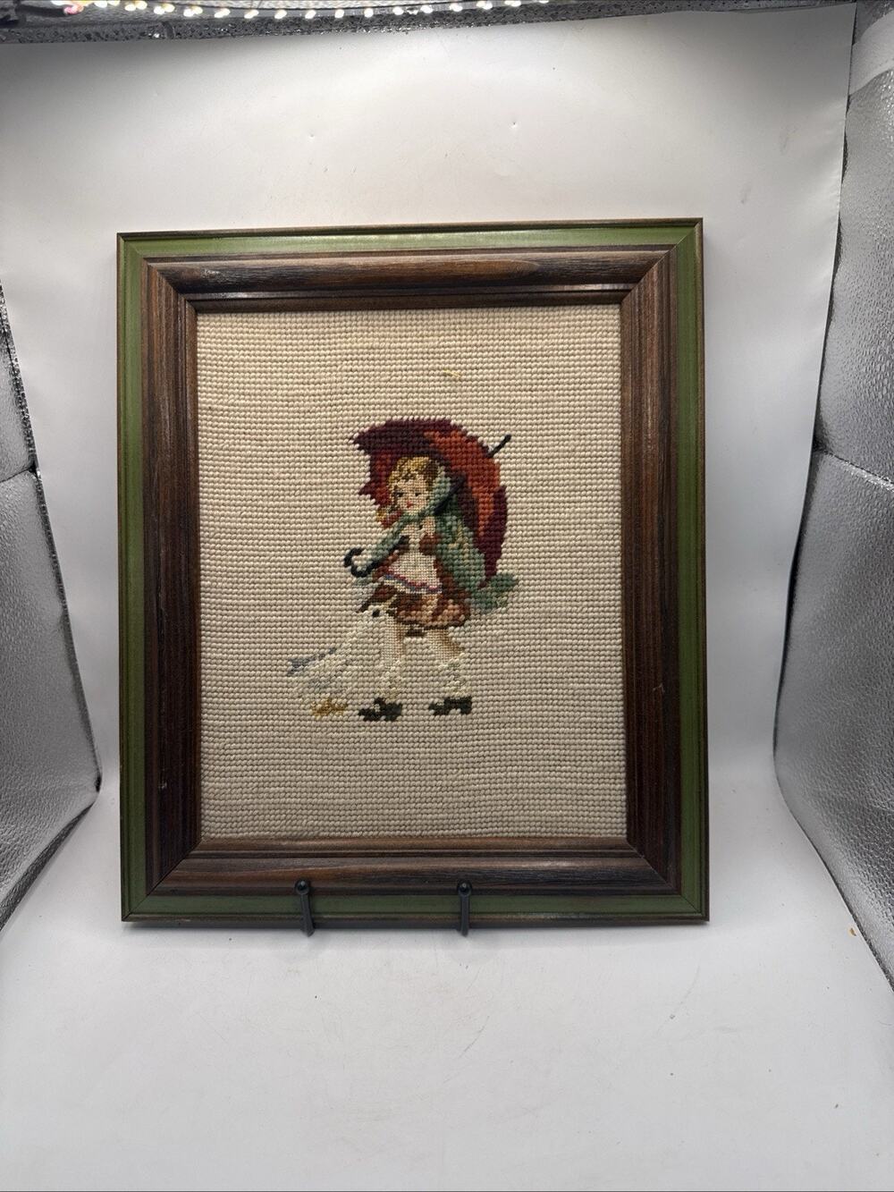 Vintage Hand Stitched Needlepoint Girl Red Umbrella Goose Framed 12.5” *